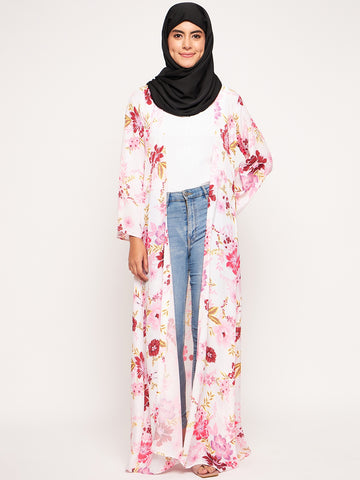 Nabia Women Multicolor Printed Front Open Shrug  Abaya with Black Scarf