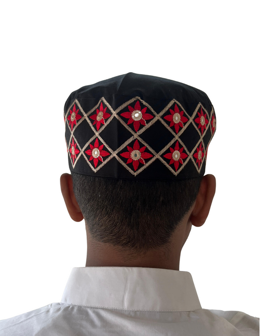 Black Cotton Embroidered Kufi Cap