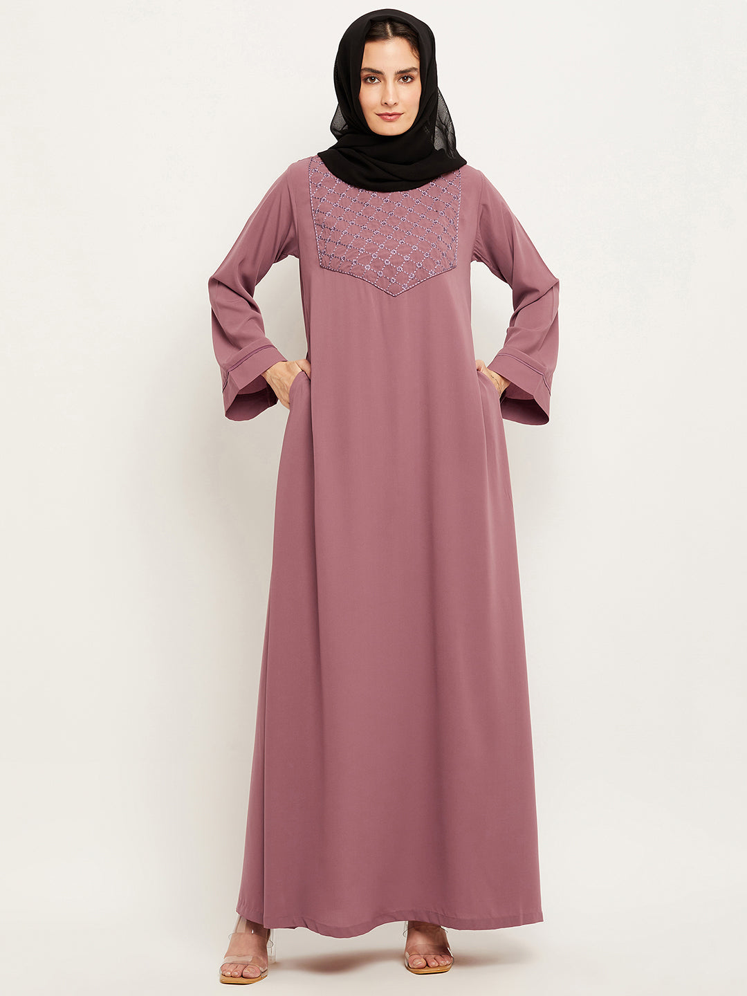 Nabia Women Solid Puse Pink Abaya Burqa With Georgette Scarf