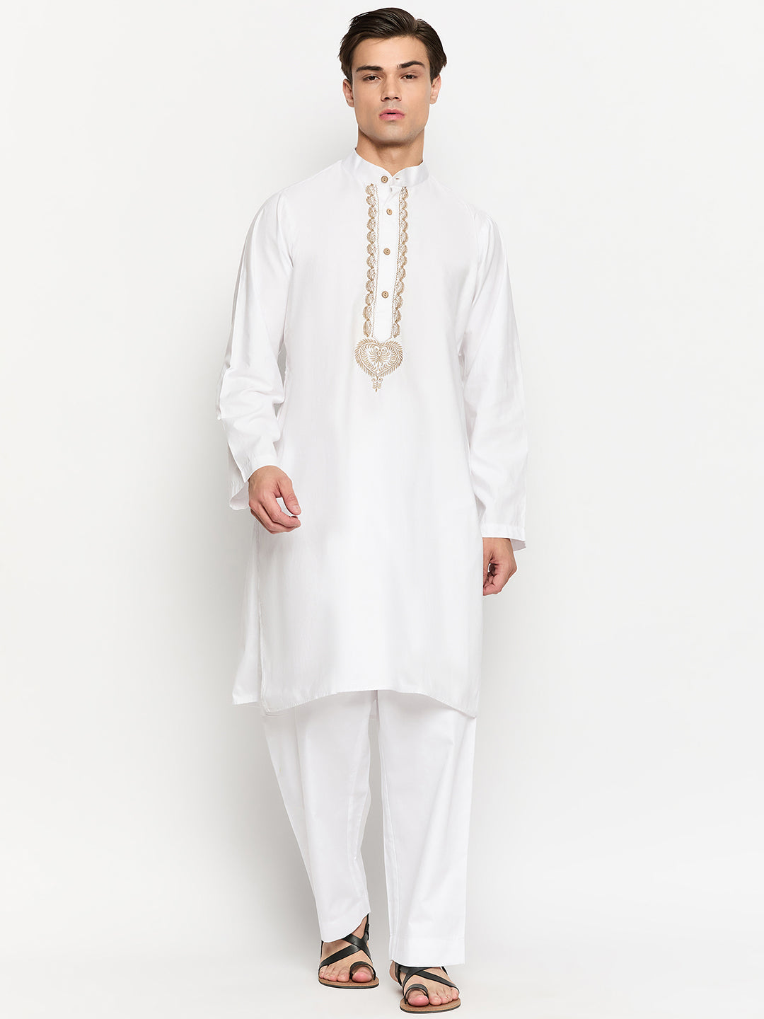 White Solid Cotton Fabric Men's Kurta Pajama Set