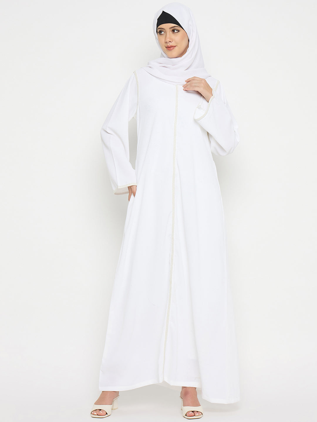 White Embroidery Abaya with Black Hijab