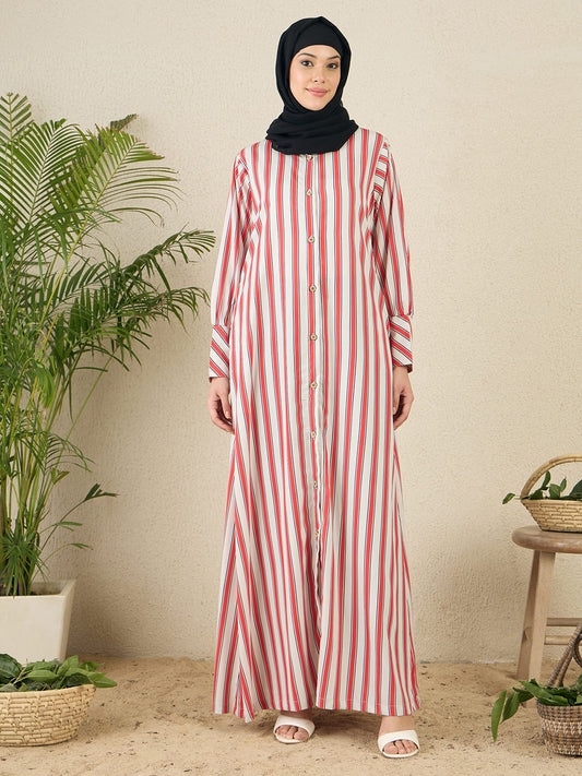 Front Open Striped Printed Abaya with Black Georgette Scarf