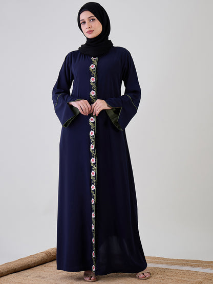 Nabia Front Open Embroidery Blue Abaya with Black Georgette Hijab