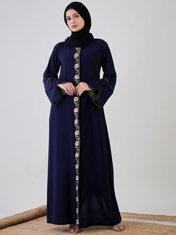 Nabia Women Front Open Embroidery Detailing Blue Abaya Burqa With Black Georgette Hijab