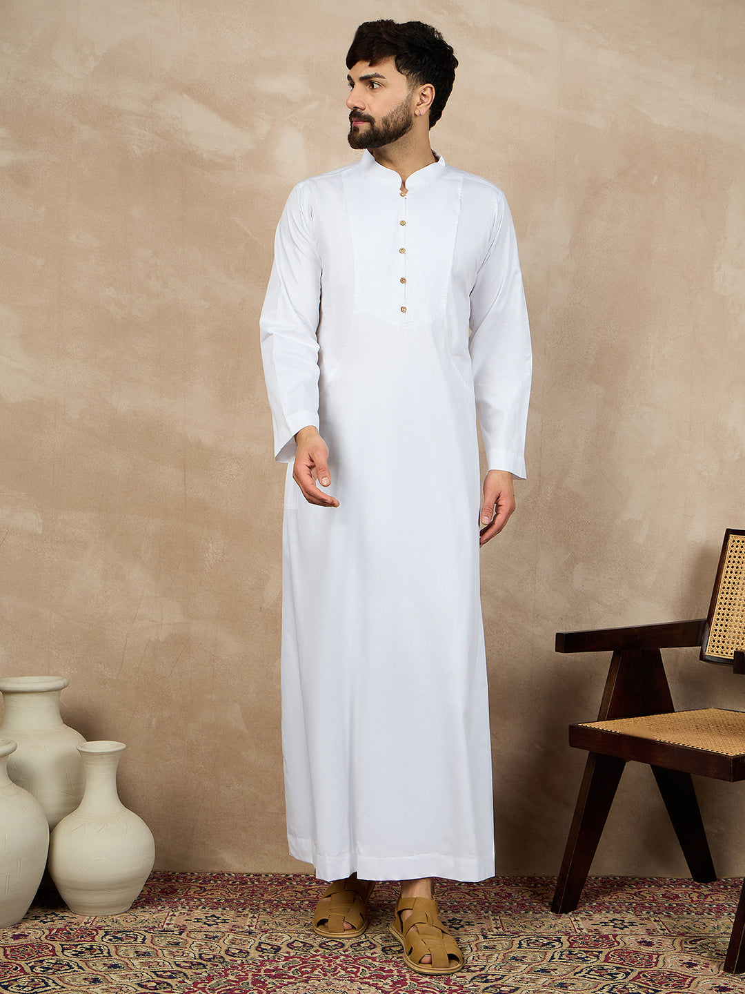 Nabia White Solid Cotton Thobe/Jubba For Men