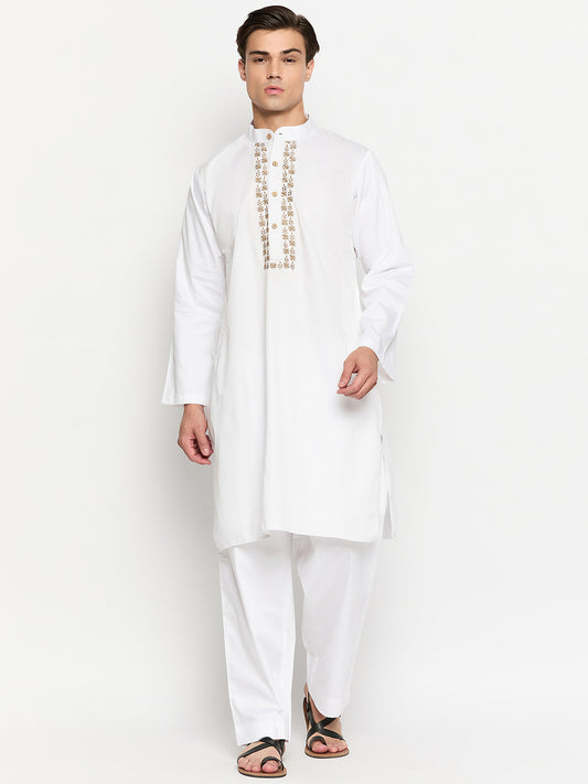 White Solid Embroidery Details Men's Kurta