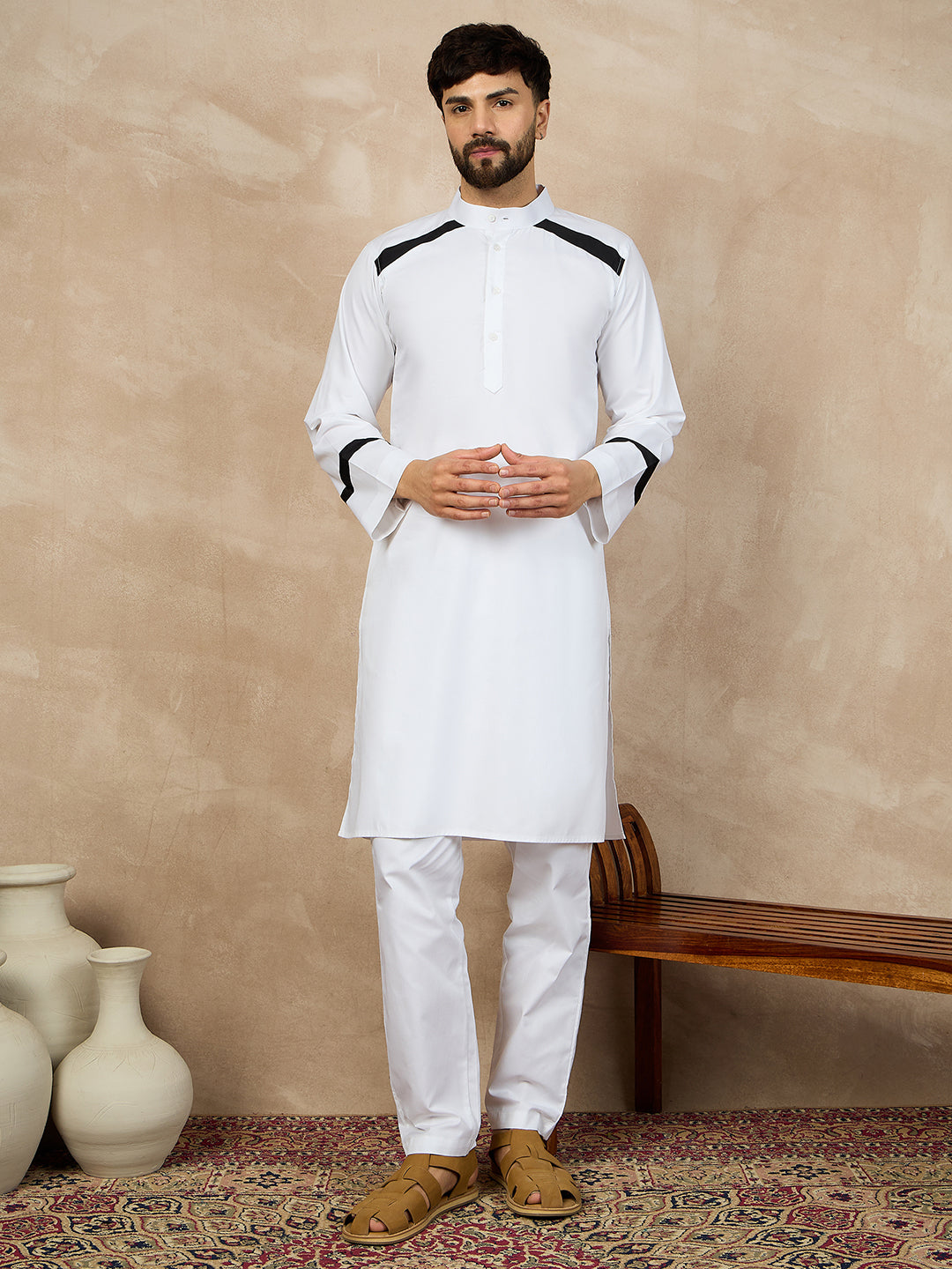 Nabia White Cotton Kurta Pajama Set For Men