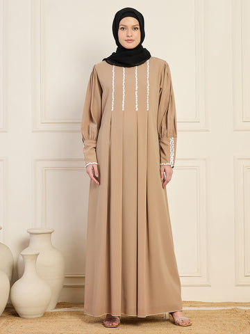 Nabia Beige Solid Luxury Handworked Abaya Burqa for Women with Black Georgette Hijab