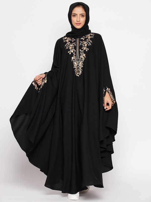 Nabia Women Black Irani Kaftan Abaya Enhanced With Chikan Hand Embroidered with Georgette Scarf