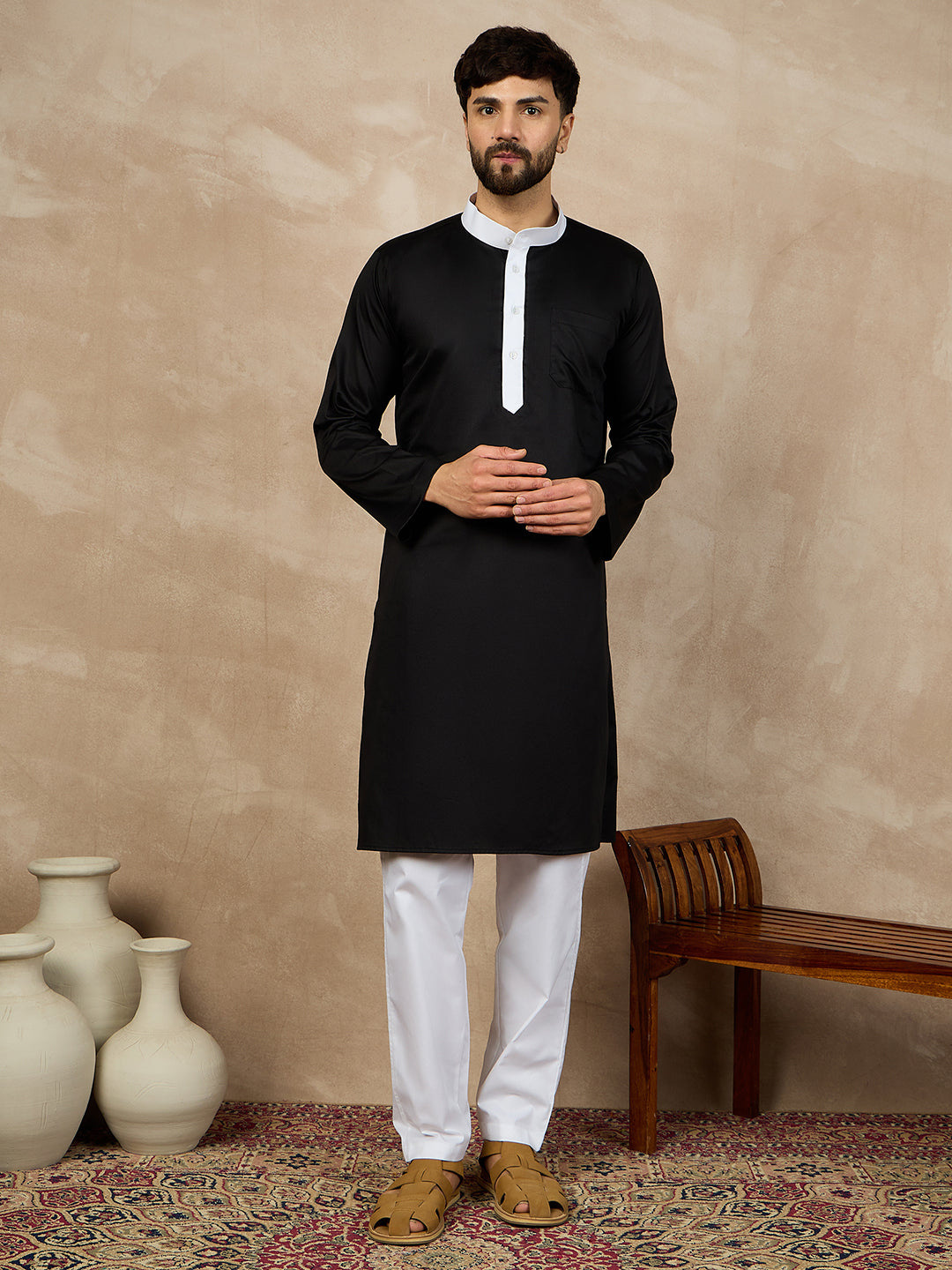 Nabia Mandarin Collar Cotton Kurta and Pajama Set