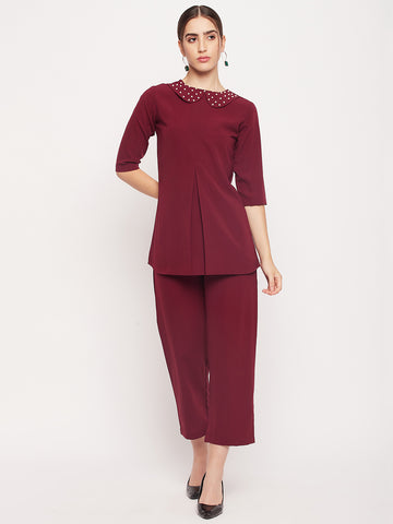 Nabia Women Maroon Solid Co-Ord Set