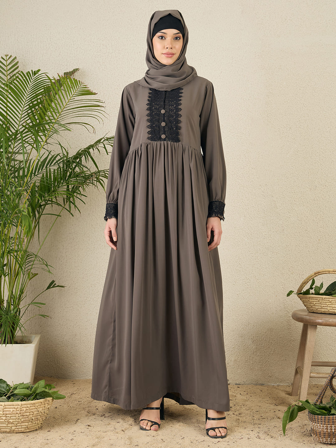 Nabia Grey Lace Work Women Abaya with matching hijab