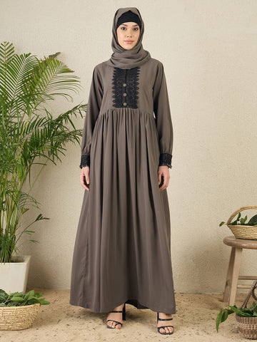 Nabia Grey Lace Work Women Abaya with matching hijab