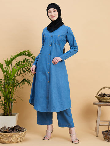 Front Open Blue Denim Co-ord set for women