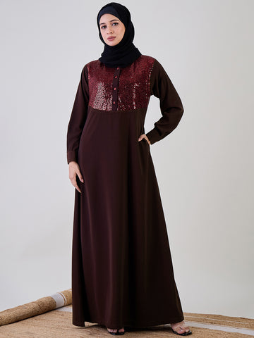 Nabia Women Embroidered Brown Abaya Burqa With Black Georgette Hijab