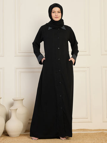Nabia Women's Black Solid Front-Open Collared Abaya with Black Georgette Hijab