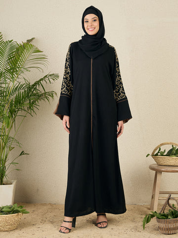 Front Open Black Embroidered Abaya with black hijab