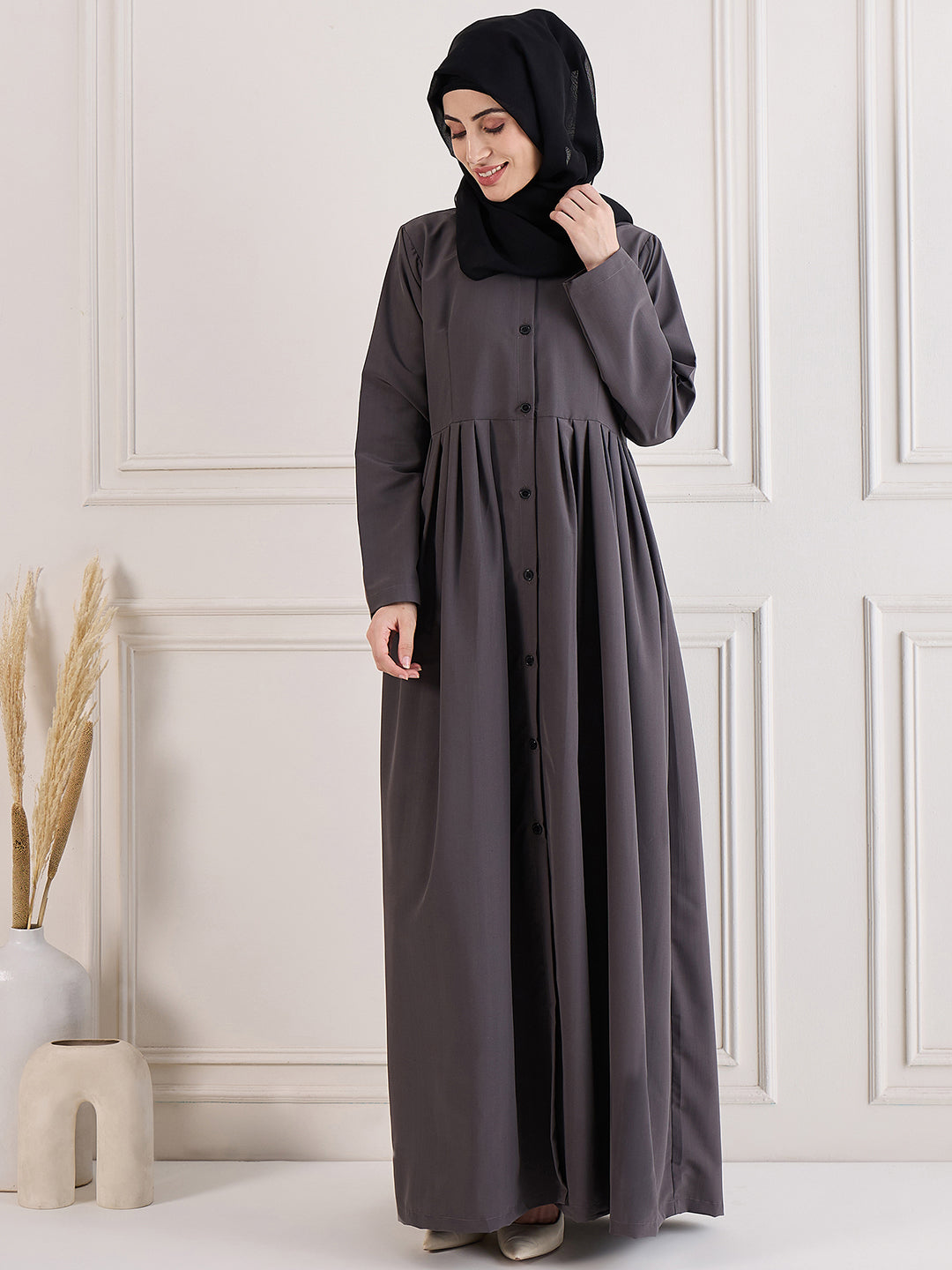 Nabia Grey Front Open Abaya with Black Georgette Hijab