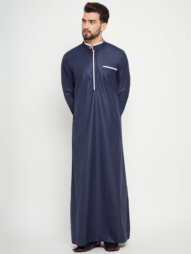 Nabia Blue Solid Mens Straight Sleeves Thobe / Jubba with White Piping Design