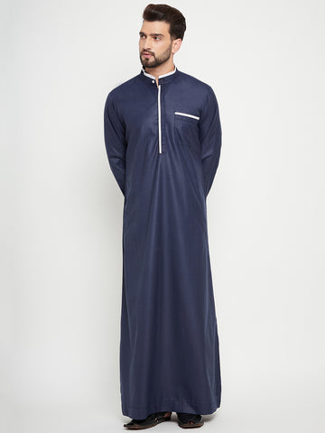 Nabia Blue Solid Mens Straight Sleeves Thobe / Jubba with White Piping Design