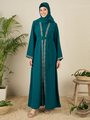 2 Piece Embroidered Green Shrug Set Abaya with Matching Hijab