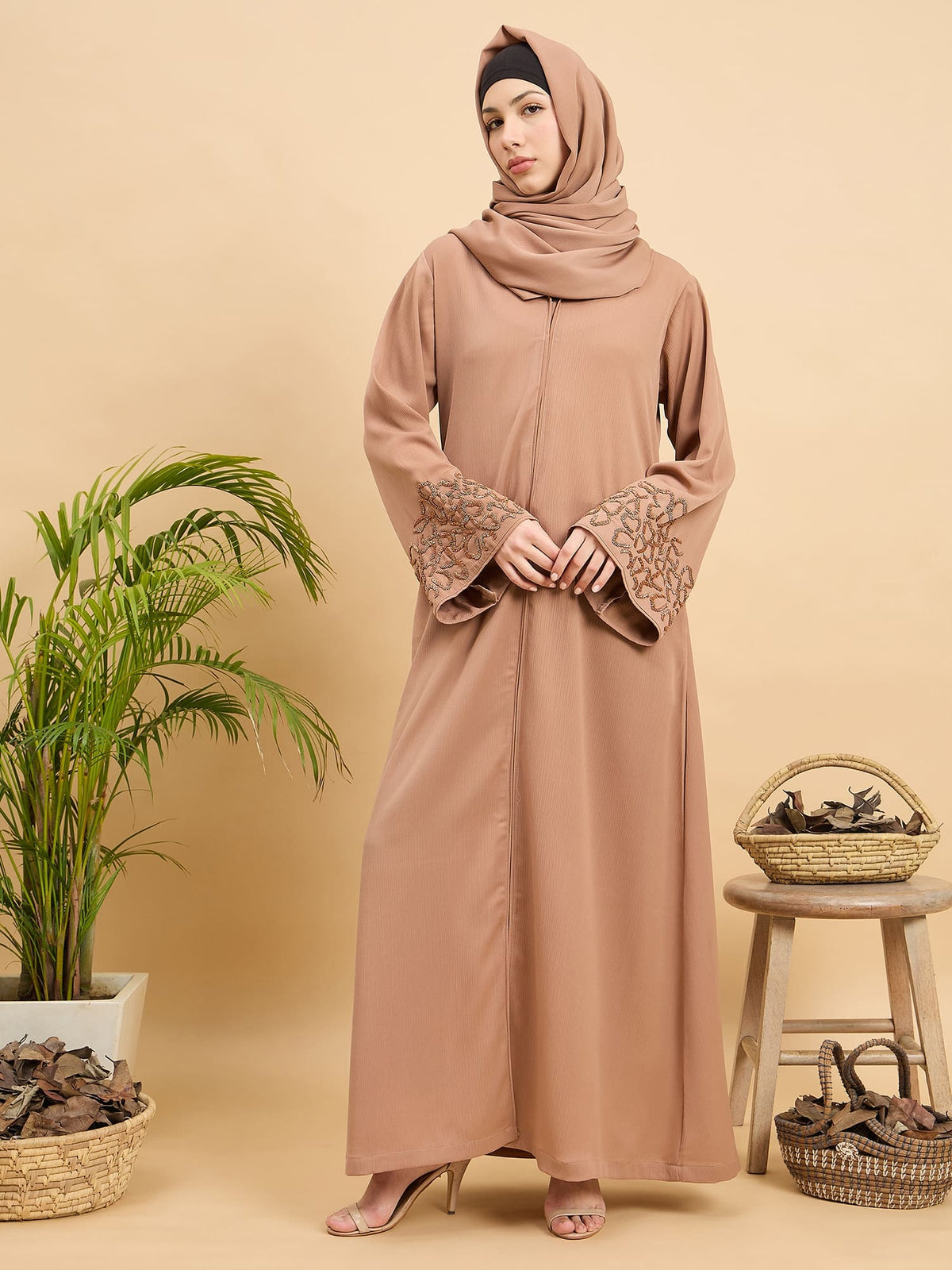 Modest Handworked Luxury Beige Abaya Burqa with Matching Hijab