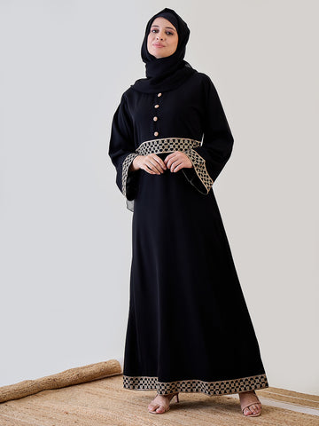 Embroidered Bell Sleeves Black Abaya Burqa With Black Georgette Hijab