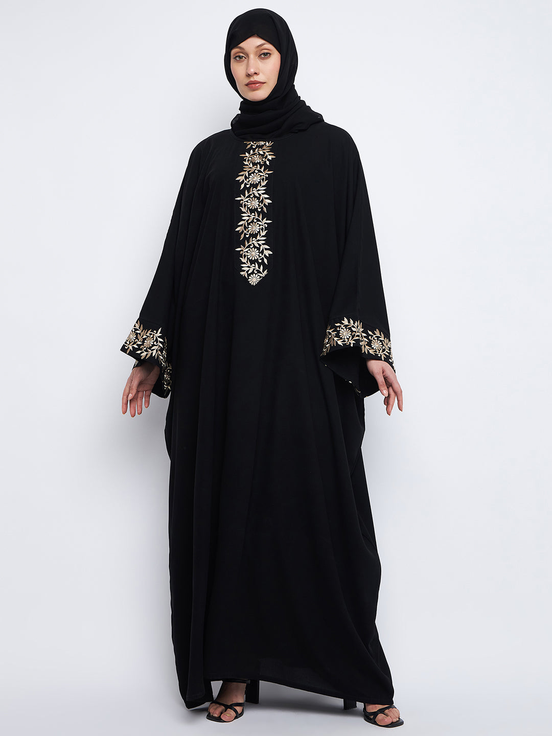 Nabia Embroidery Free Size Black Abaya with Black Scarf