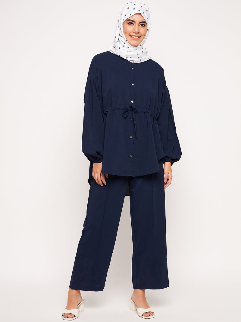 Nabia Blue Solid Elasticated Sleeves Co-ord Set for Women