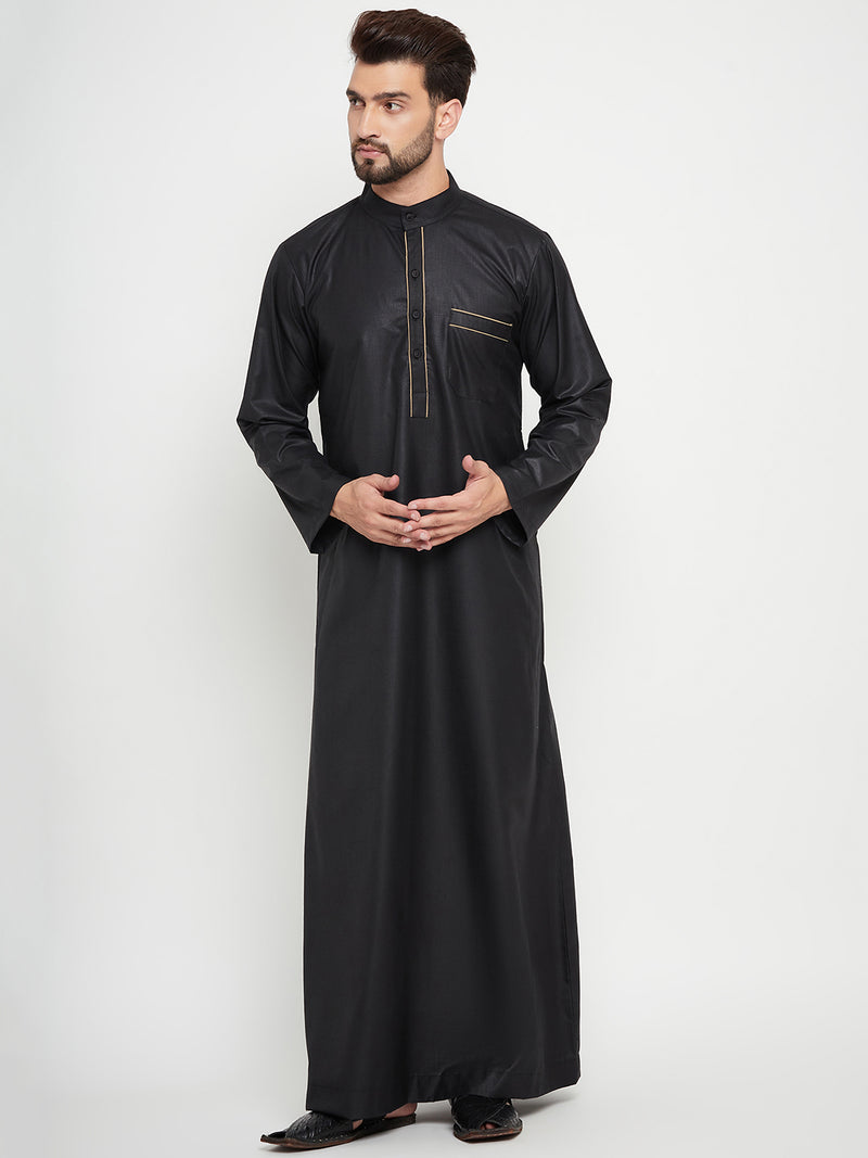 Nabia Black Solid Mens Thobe / Jubba with Beige Piping Design