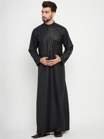 Nabia Black Solid Mens Thobe / Jubba with Beige Piping Design