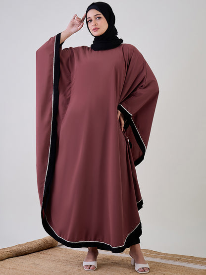 Nabia Rust Solid Loose Fit Kaftan Abaya with Black Georgette Scarf