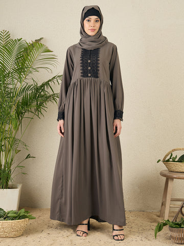 Nabia Grey Lace Work Women Abaya with matching hijab