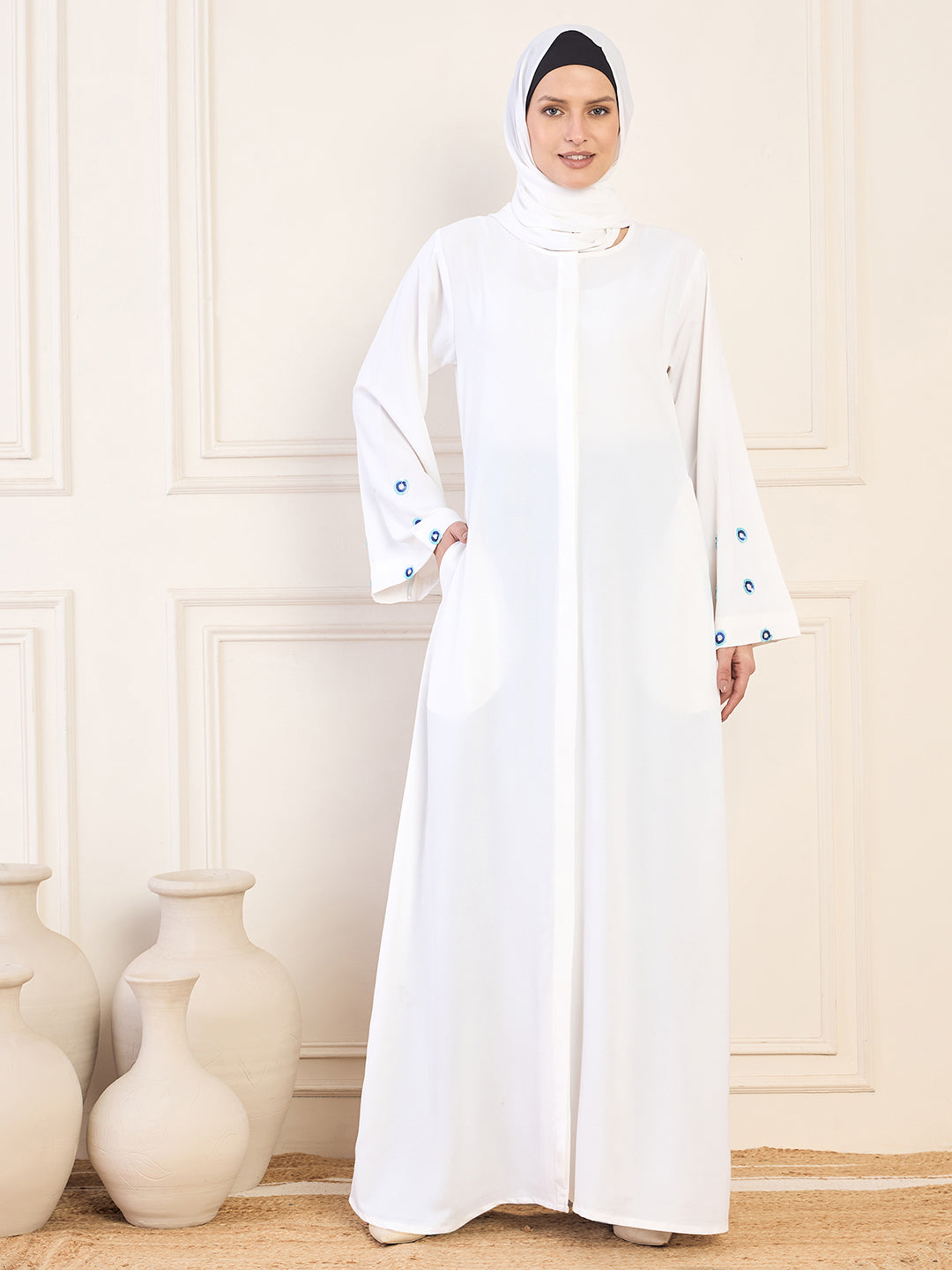 Nabia White Handwork Front Open Abaya with Matching Hijab