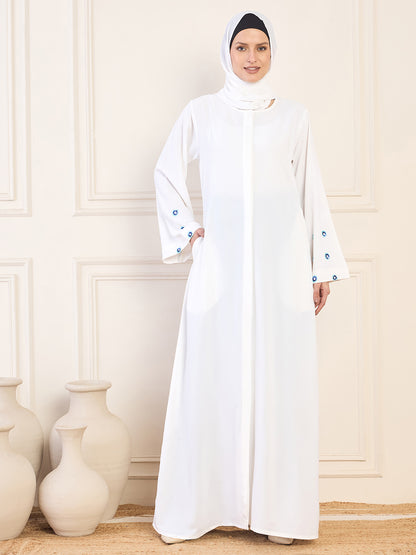 Nabia White Handwork Front Open Abaya with Matching Hijab