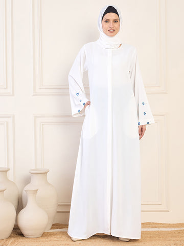 Nabia White Solid Hand Work Detailing Luxury Front Open Abaya Burqa For Women With Matching Hijab