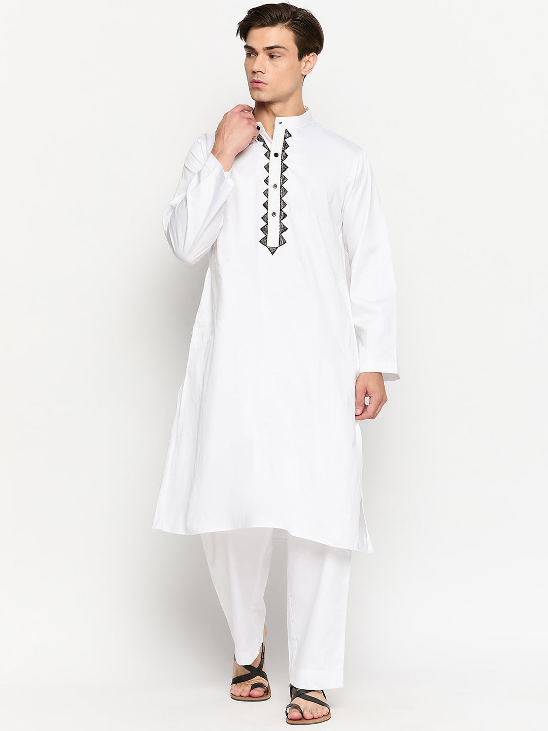 Embroidery Cotton Men's White Kurta Pajama Set