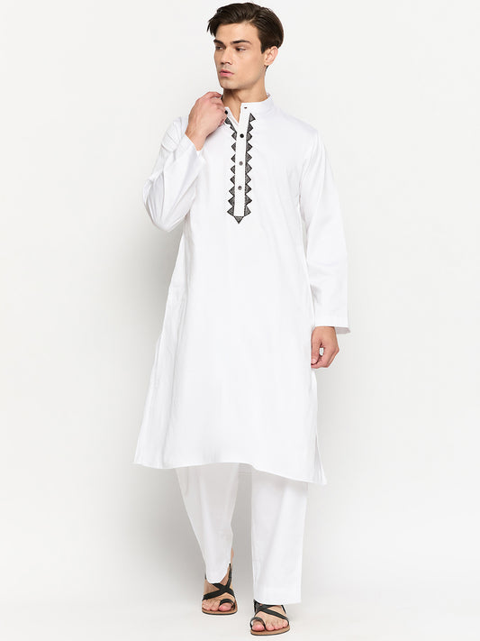 Embroidery Cotton Men's White Kurta Pajama Set