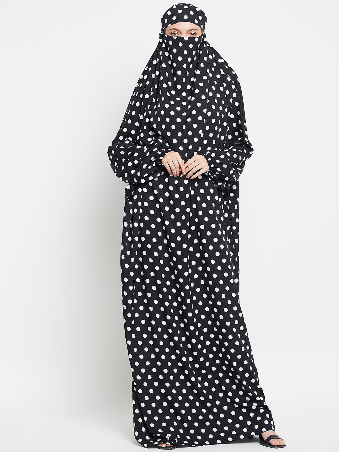Black and White Polka Dot Free Size Jilbab Abaya for Girls and Women
