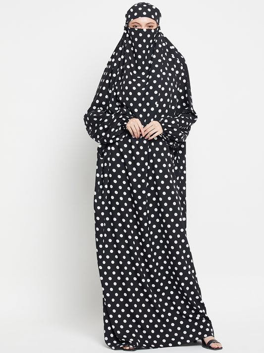 Black and White Polka Dot Free Size Jilbab Abaya for Girls and Women
