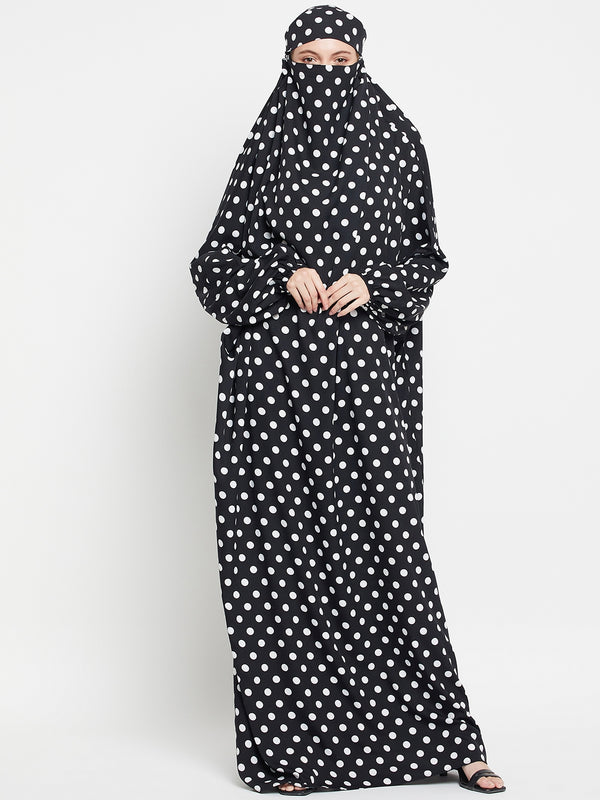Nabia Black and White Polka Dot Printed Free Size Jilbab Abaya for Girls and Women