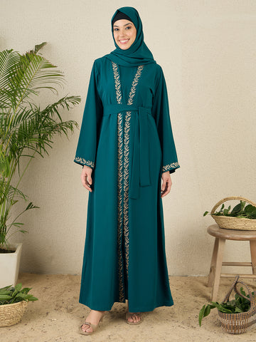2 Piece Embroidered Green Shrug Set Abaya with Black Hijab
