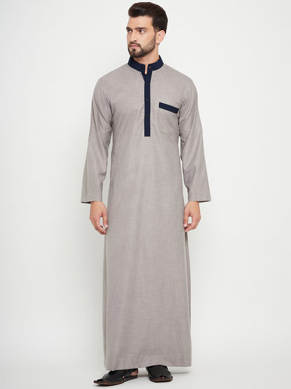 Nabia Grey Solid Thobe/Jubba For Men with Blue Piping Design
