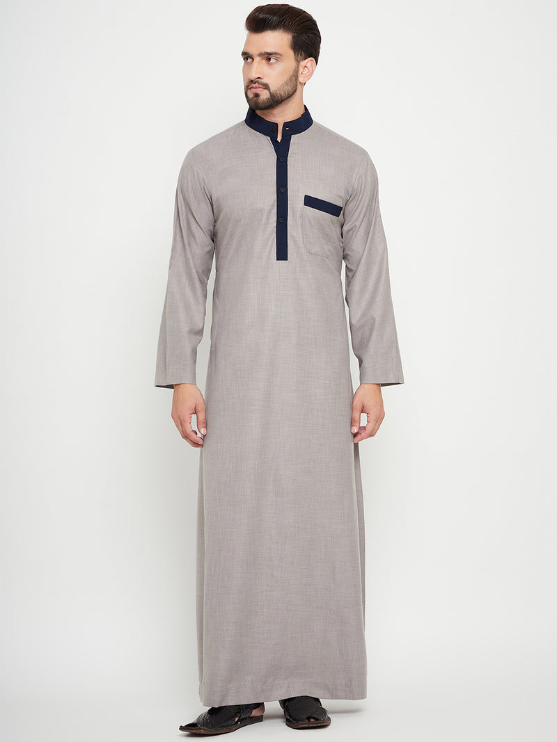 Nabia Grey Solid Band Collar Thobe / Jubba For Men with Blue Piping Design
