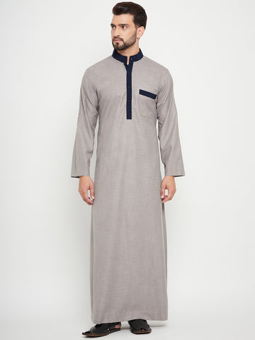 Nabia Grey Solid Band Collar Thobe / Jubba For Men with Blue Piping Design