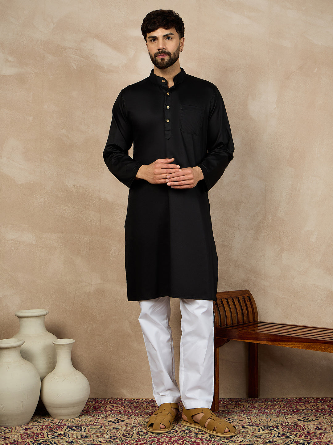 Nabia Black Solid Kurta and White Pajama Set