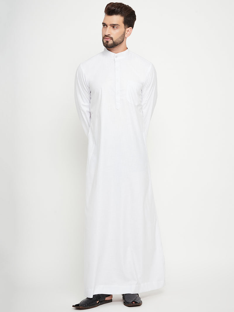 Nabia White Solid Mandarin Collar Thobe / Jubba  With Plain Design For Men.
