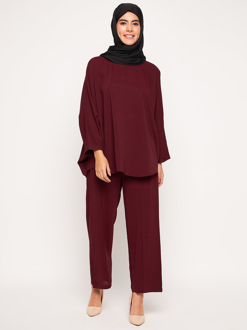 Nabia Maroon Solid Round Neck Co-ord Set for Women