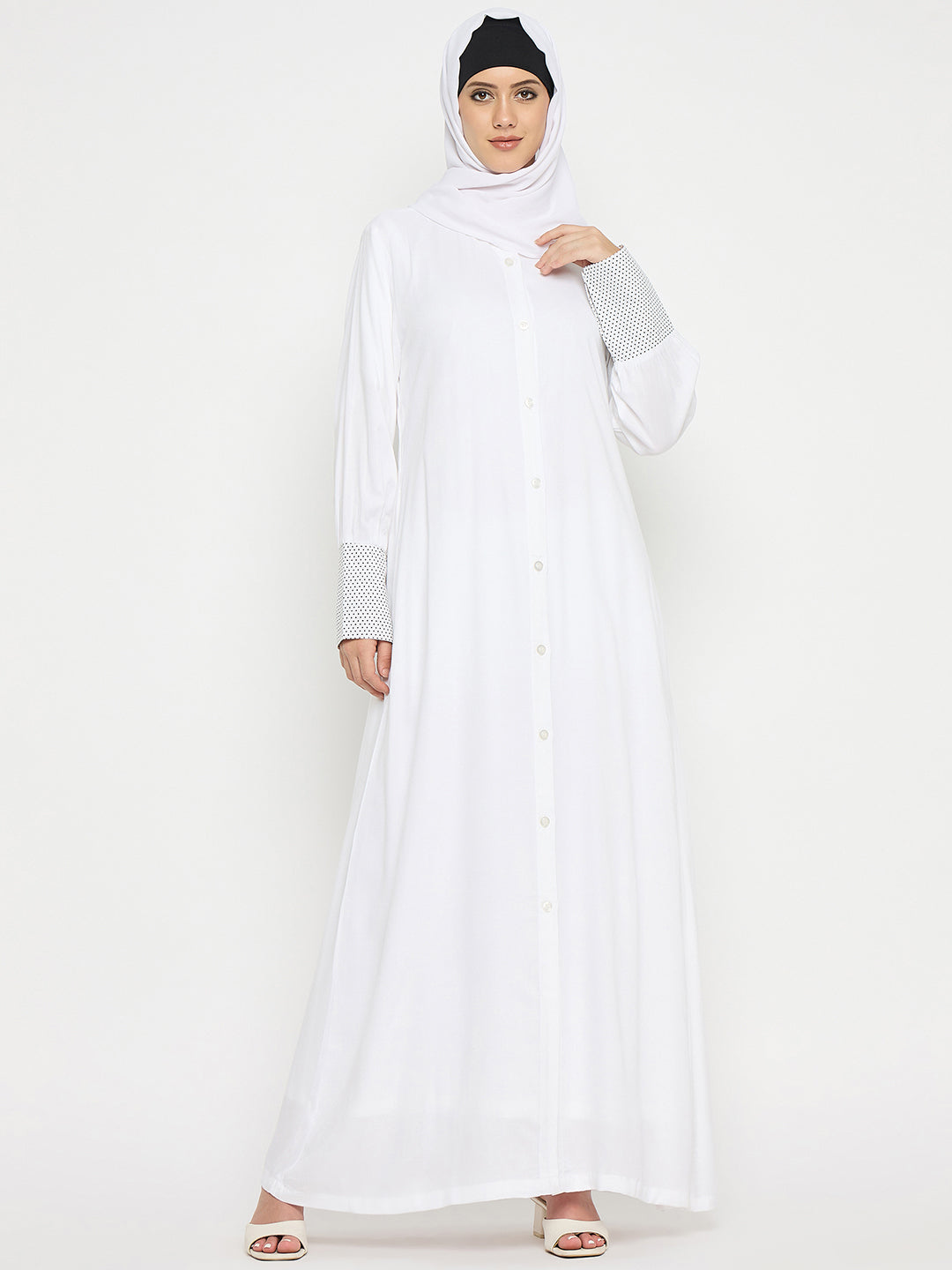 White Rayon Front Open Abaya Burqa with Black Hijab
