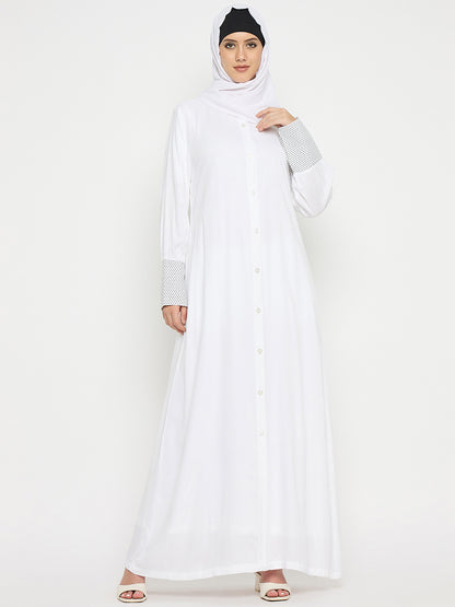 White Rayon Front Open Abaya Burqa with Black Hijab